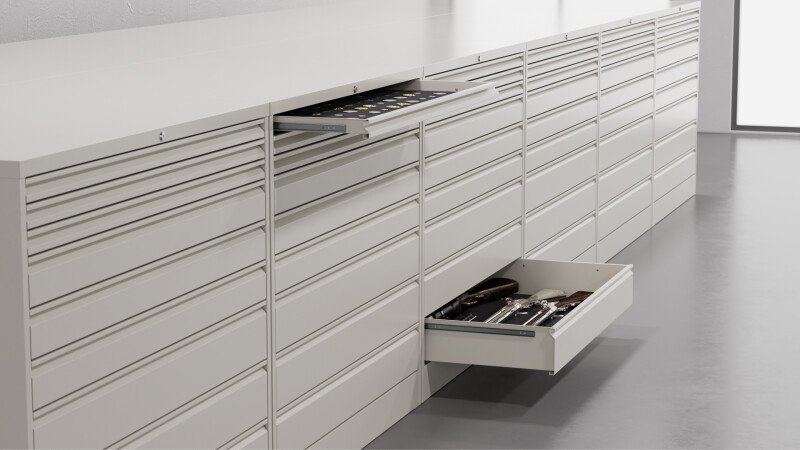 The 565 drawer cabinet is a museum-quality storage solution designed for standardized, large format items. The cabinet features telescopic slides, interlock systems and a center lock for added security.