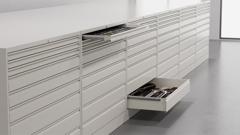 The 565 Drawer Cabinet is a museum-quality storage solution ideal for standardized, large-format items. It is equipped with telescopic slides, interlock systems, and a center lock to ensure added security.