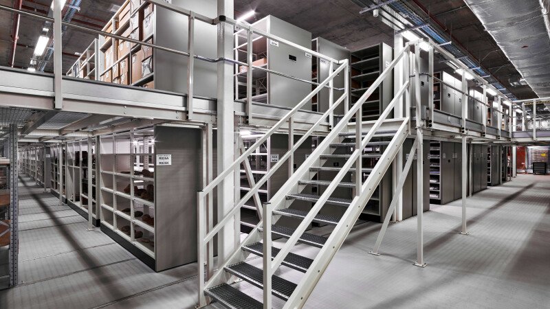 Compactus Double Decker high density mobile shelving in museum